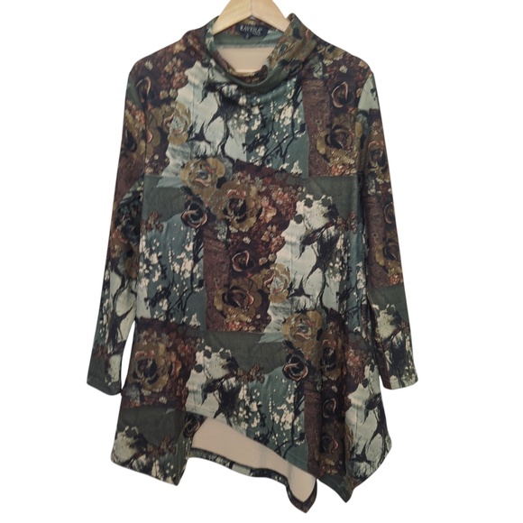 Velour Tunic Top Patchwork Cowl Neck Asymmetrical Hem Boho Artsy Fall SZ Lrg - Picture 5 of 14